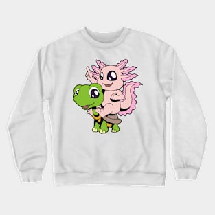 Cartoon - Cute axolotl sitting on turtle Crewneck Sweatshirt